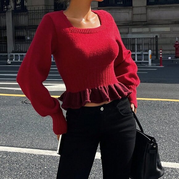 Burgundy Casual Women's Contrast Color Ruffle Trim Lantern Sleeve Sweater - Picture 9 of 9